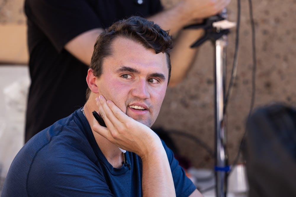 TPUSA founder Charlie Kirk speaks to students outside of the Memorial Union on Wednesday, Sept. 27, 2023 in Tempe.